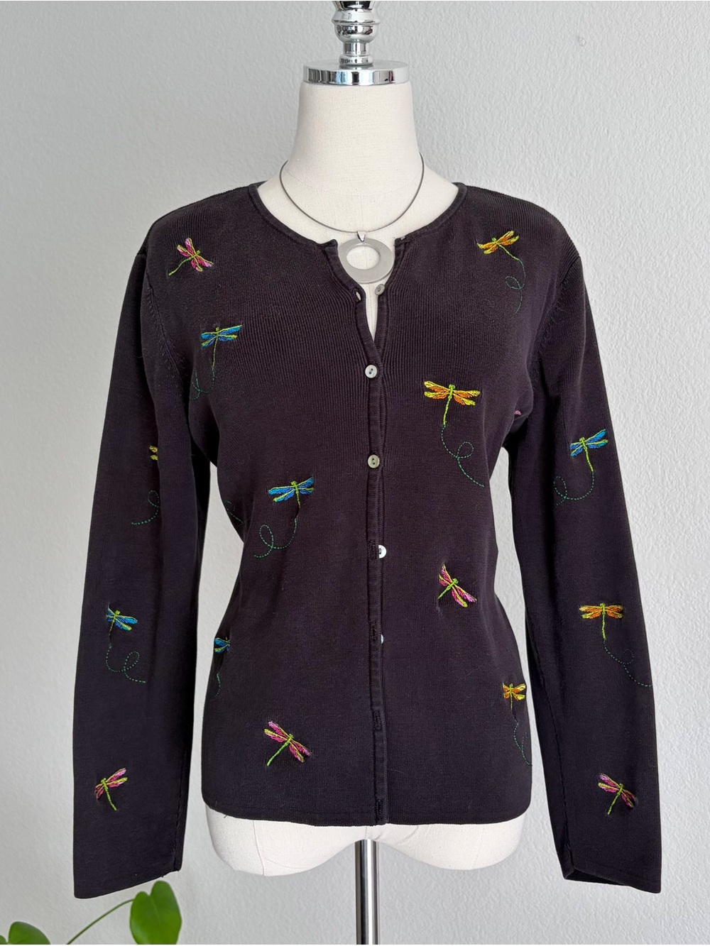 Carole Little Black Cardigan with Colorful Dragonfly Embroidery